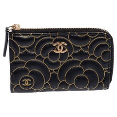 Chanel Black Leather Camellia Zip Around Compact Wallet