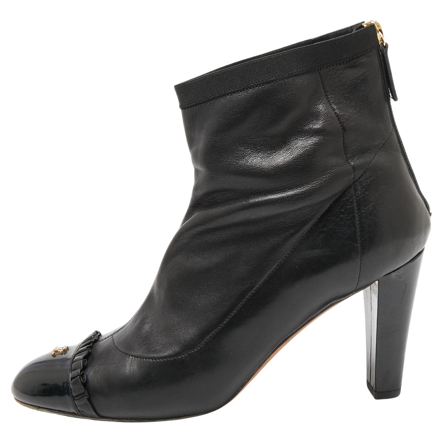 Chanel Black Leather Cap Toe Ankle Boots Size 40