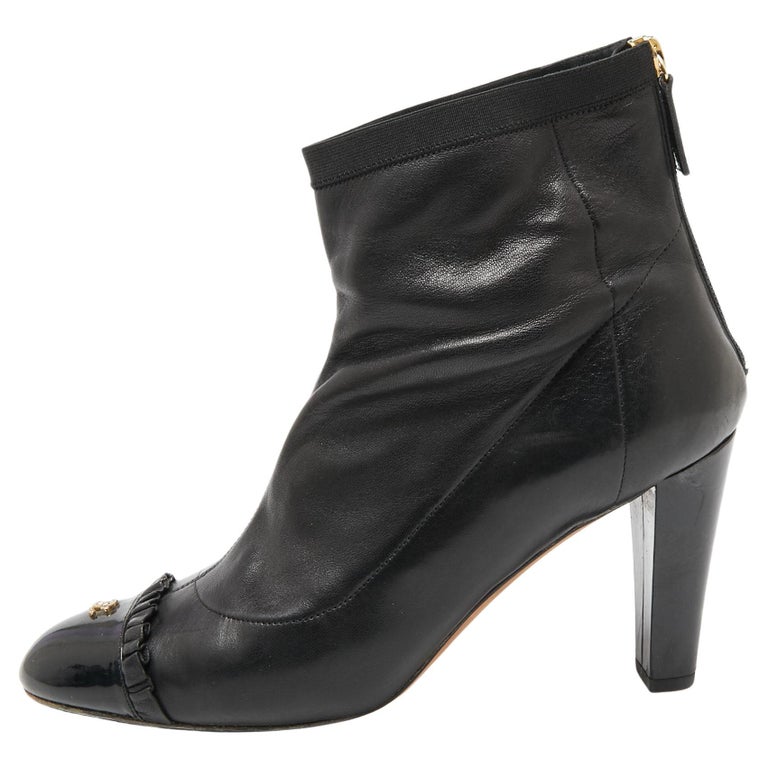 Chanel Black Leather Cap Toe Ankle Boots Size 40 at 1stDibs