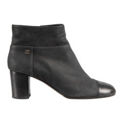 Chanel Black Leather Cap Toe Ankle Boots Size IT 39