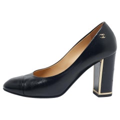 Chanel Black Leather Cap Toe Block Heel Pumps Size 36