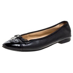 Chanel Black Leather Cap Toe CC Bow Ballet Flats Size 39.5