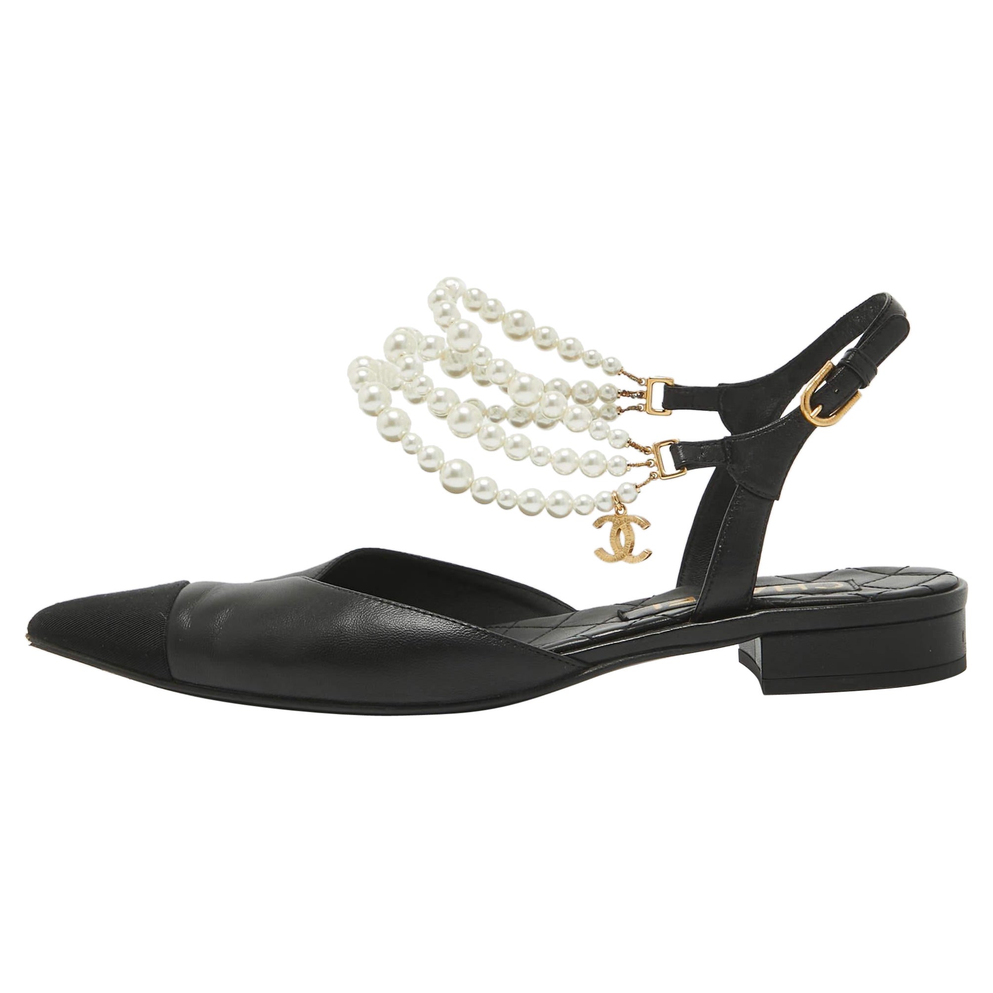 Chanel Black Leather Cap Toe Faux Pearls Ankle Strap Flats Size 39
