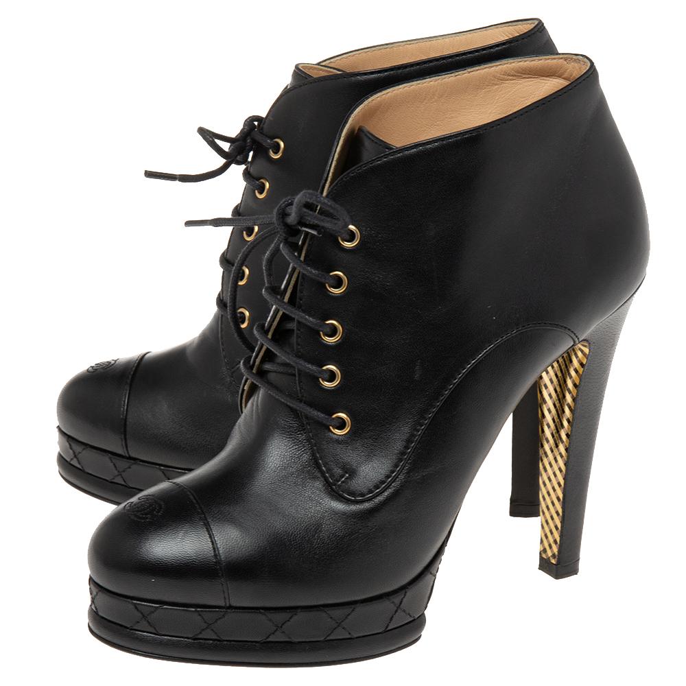 Chanel Black Leather Cap Toe Lace Up Platform Ankle Boots Size 38 1