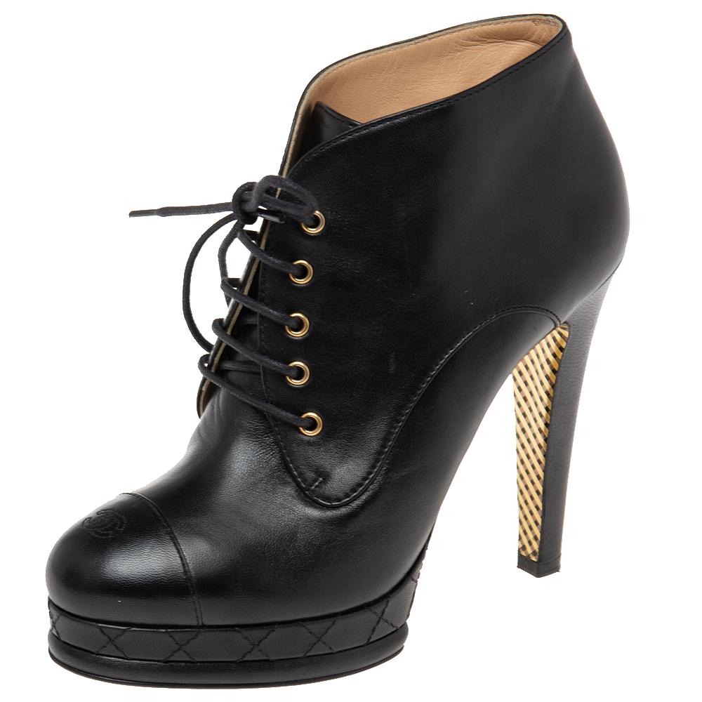 Chanel Black Leather Cap Toe Lace Up Platform Ankle Boots Size 38 2