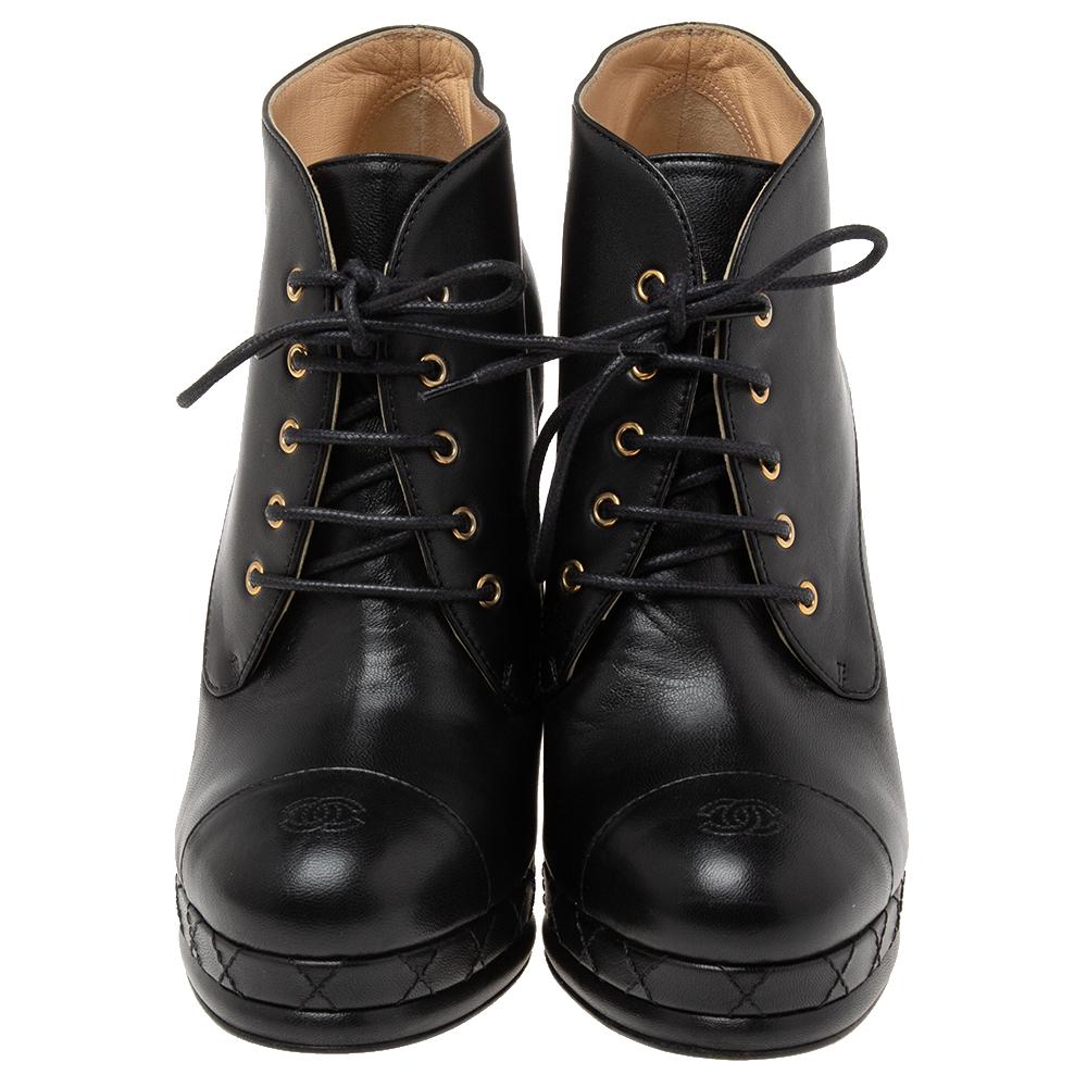 Chanel Black Leather Cap Toe Lace Up Platform Ankle Boots Size 38 3
