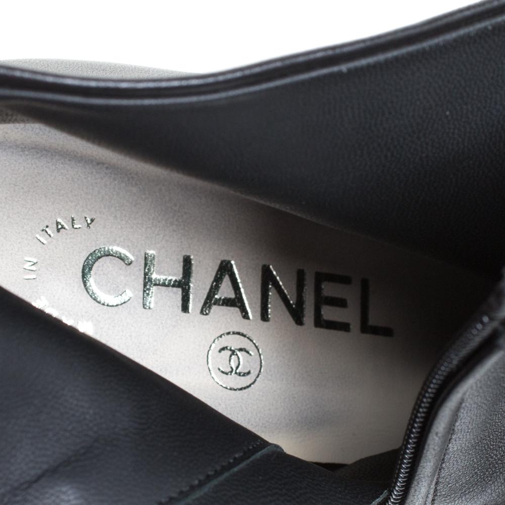 Women's Chanel Black Leather Cap Toe Pearl Embellished CC Heel Ankle Boots Size 38.5