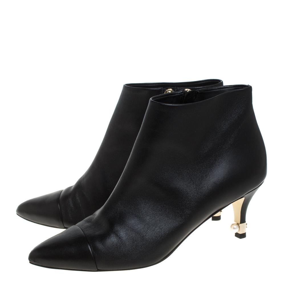 Chanel Black Leather Cap Toe Pearl Embellished CC Heel Ankle Boots Size 38.5 1