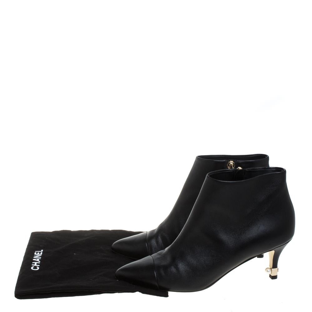 Chanel Black Leather Cap Toe Pearl Embellished CC Heel Ankle Boots Size 38.5 2