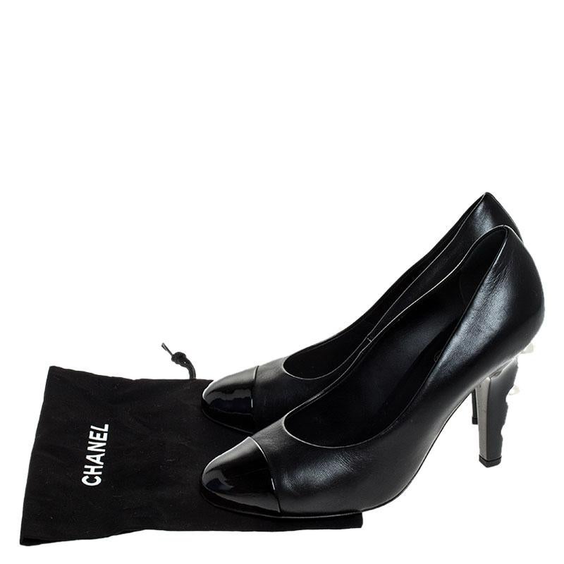 Chanel Black Leather Cap Toe Pearl Embellished Heels Pumps Size 38 1