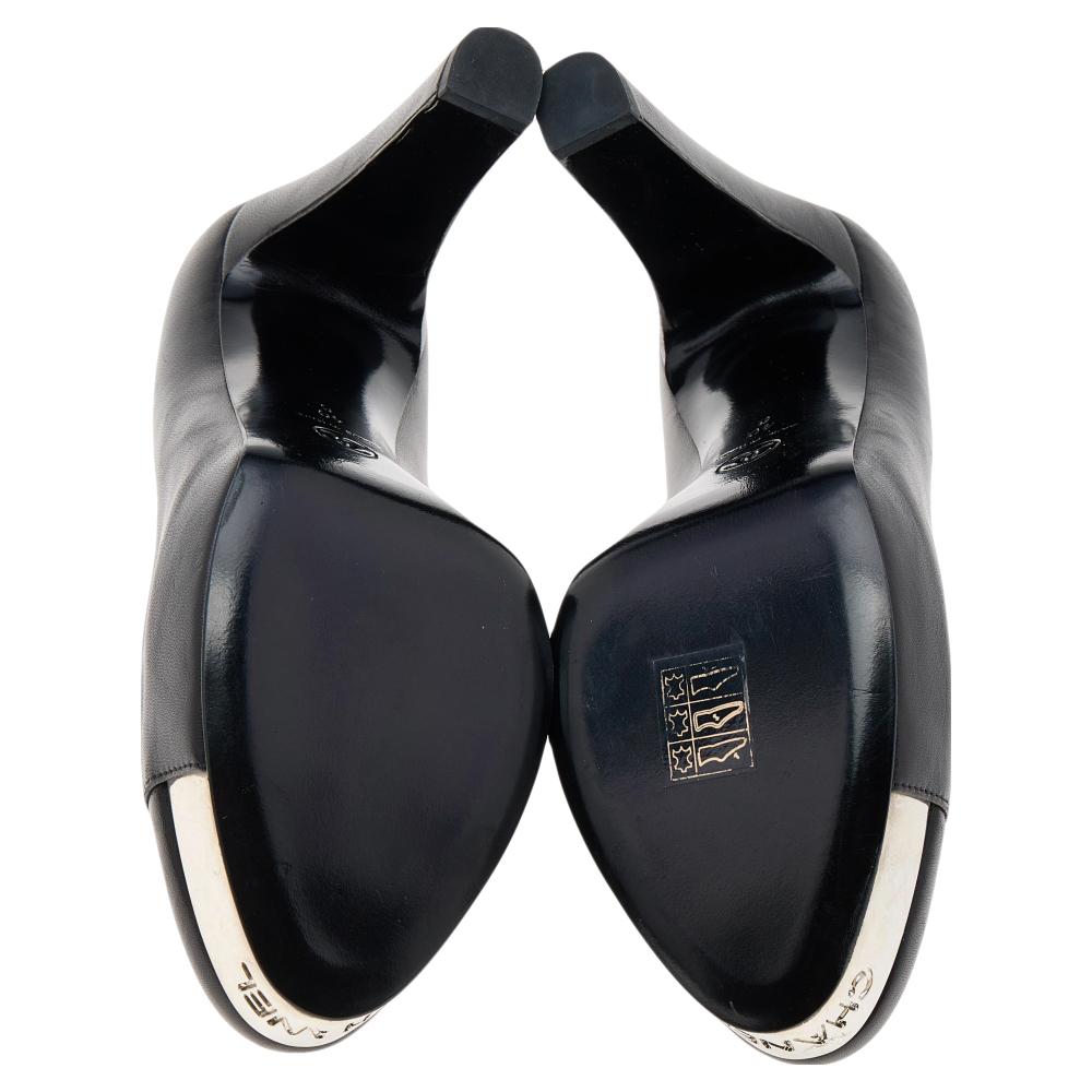 Chanel Black Leather Cap Toe Platform Block Heel Pumps Size 40 2