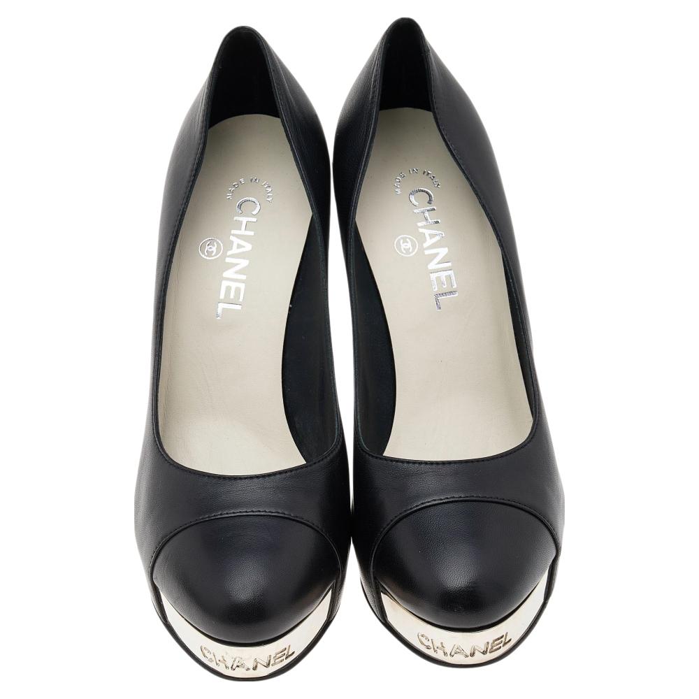 Chanel Black Leather Cap Toe Platform Block Heel Pumps Size 40 3