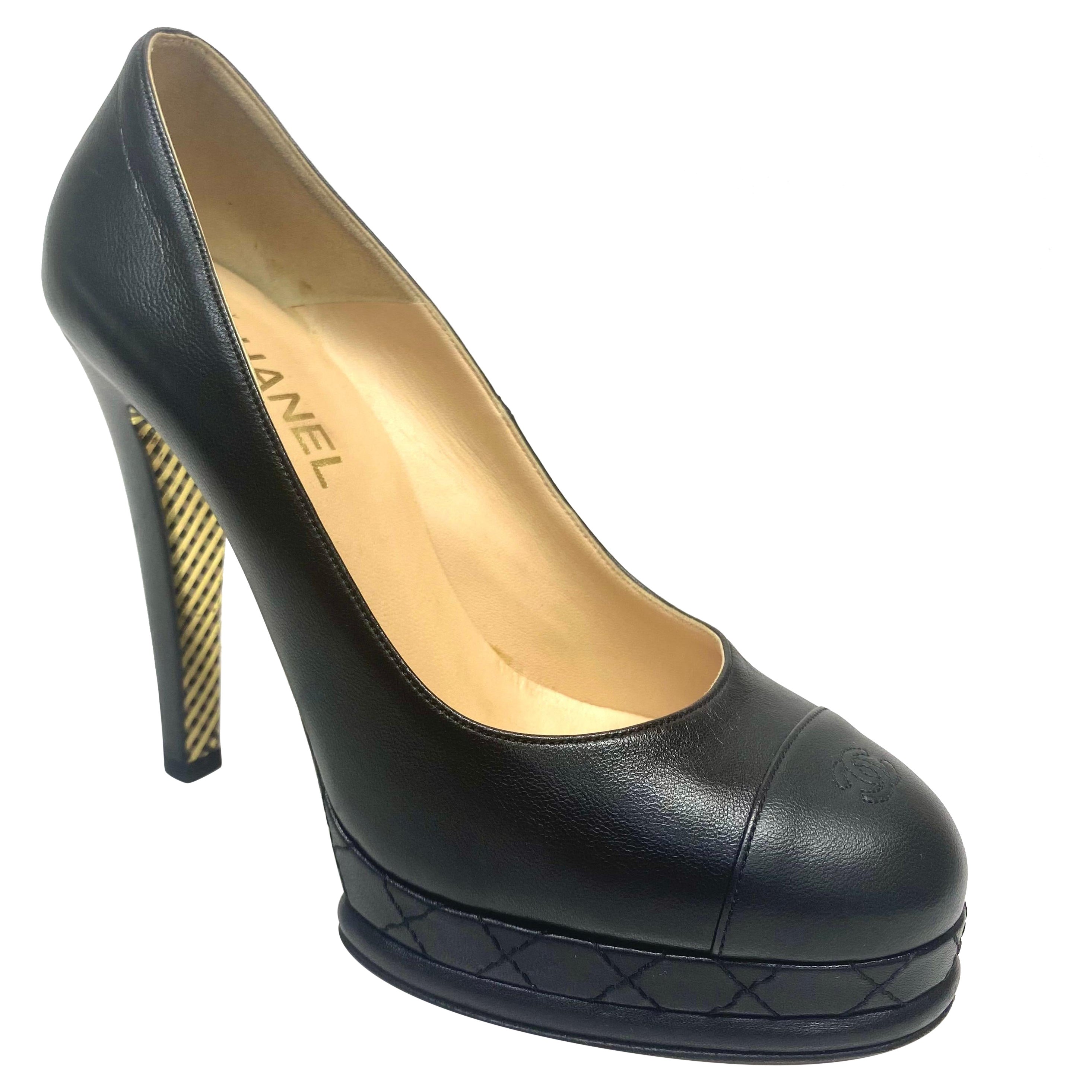 Chanel Black Leather Cap Toe Platform Size 40