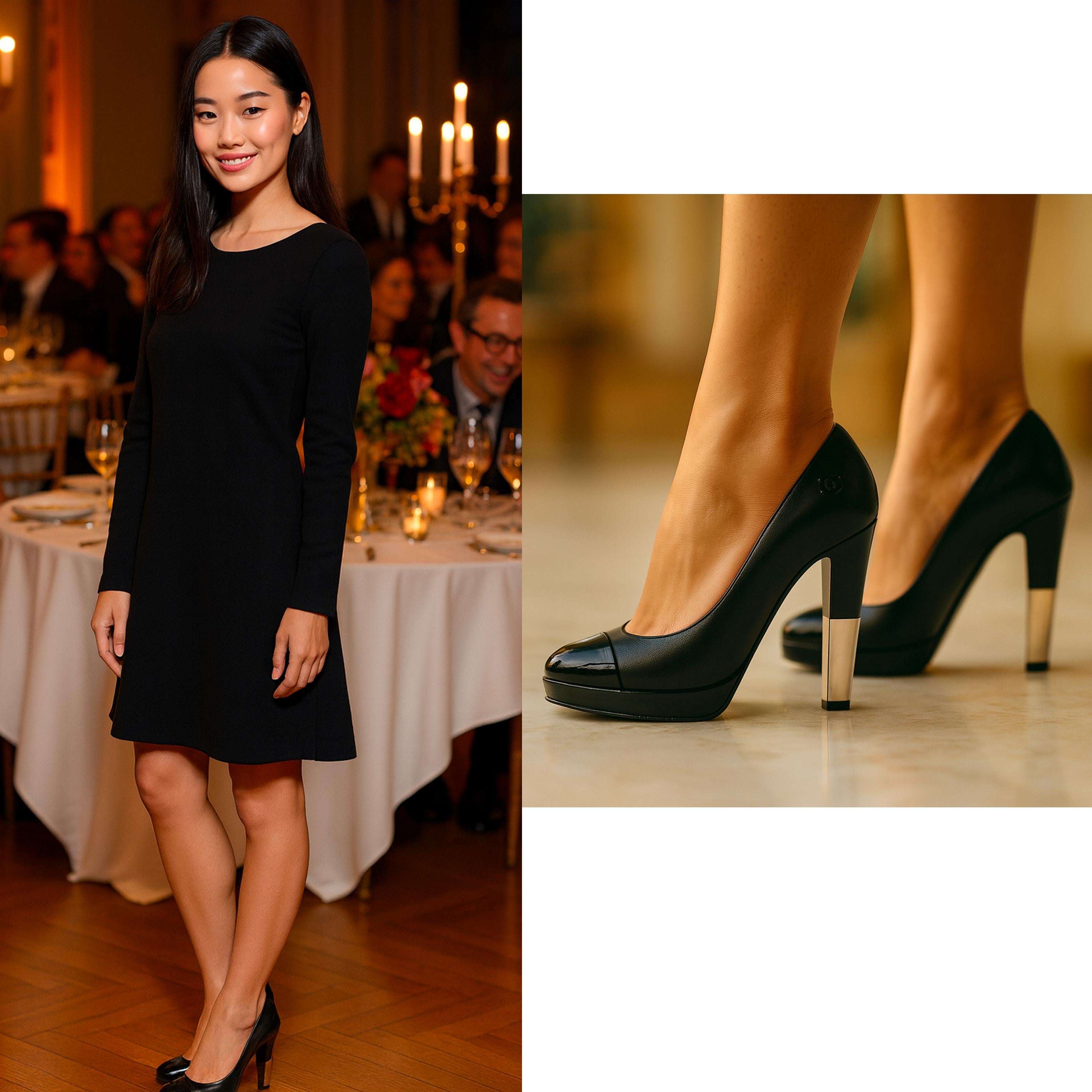 Chanel Schwarz Leder Cap Toe Pumps CC Logo Silber Absatz Detail Größe 39,5 mit Box im Zustand „Hervorragend“ im Angebot in Port Saint Lucie, FL