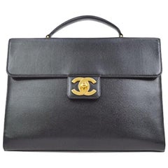 Vintage Chanel Black Leather Carryall Business Top Handle Travel Brief Briefcase Bag II