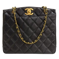 Vintage Chanel Black Leather Caviar Gold Chain Shopper Carryall Shoulder Tote Bag