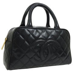 Vintage Chanel Black Leather Caviar Small Top Handle Satchel Bowling Tote Bag