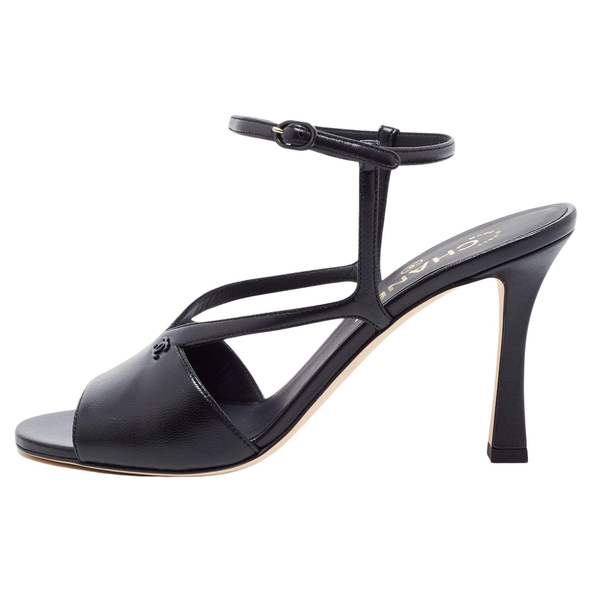Chanel Black Leather CC Ankle Strap Sandals Size 38 at 1stDibs