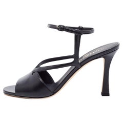 Used Chanel Black Leather CC Ankle Strap Sandals Size 38