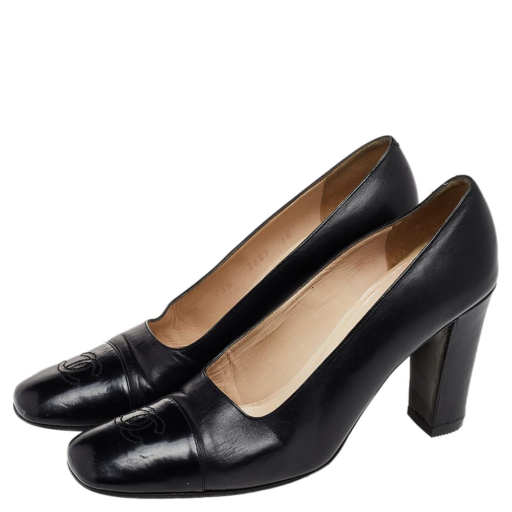 Women's Chanel Black Leather CC Block Heel Pumps Size 38