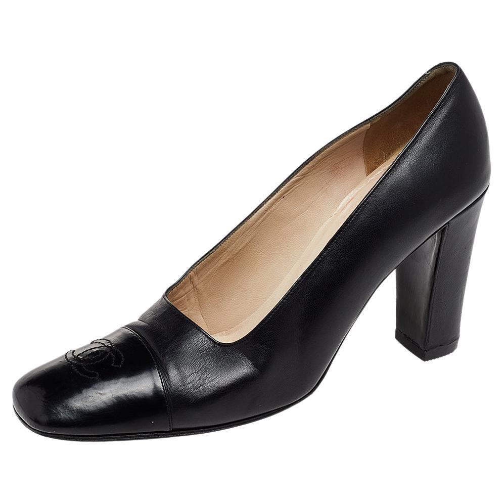 Chanel Black Leather CC Block Heel Pumps Size 38 at 1stDibs