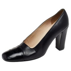 Chanel Black Leather CC Block Heel Pumps Size 38