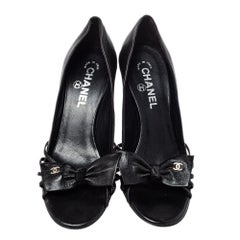 Chanel Black Leather CC Bow Open Toe Pumps Size 38.5