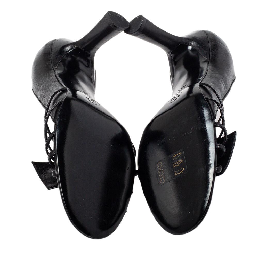 Women's Chanel Black Leather CC Bow Open Toe Pumps Size 38.5