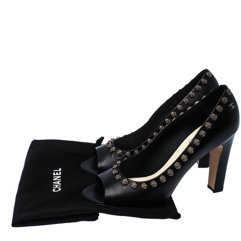 Chanel Black Leather CC Camelia Embellished Peep Toe Pumps Size 41 4