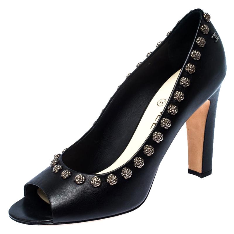 Chanel Black Leather CC Camelia Embellished Peep Toe Pumps Size 41