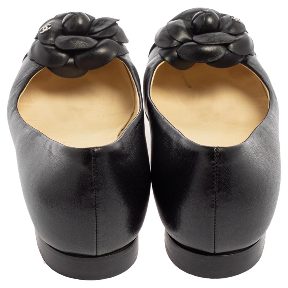 Chanel Black Leather CC Camellia Ballet Flats Size 37.5 3