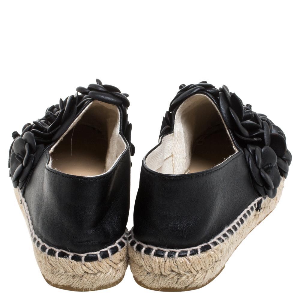 Women's Chanel Black Leather CC Camellia Espadrilles Size 37