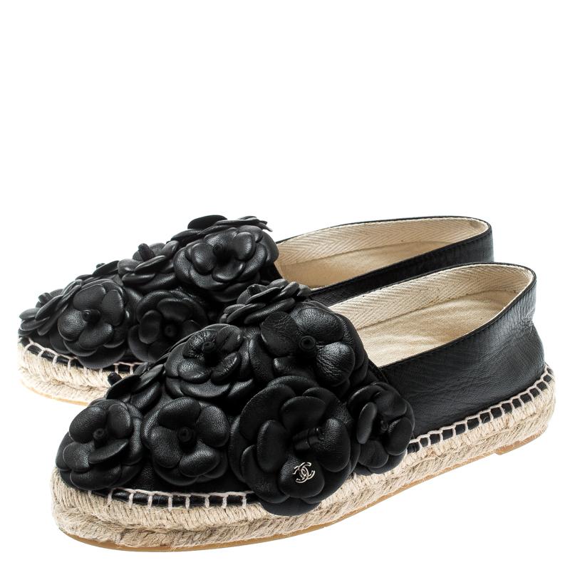 Women's Chanel Black Leather CC Camellia Espadrilles Size 37