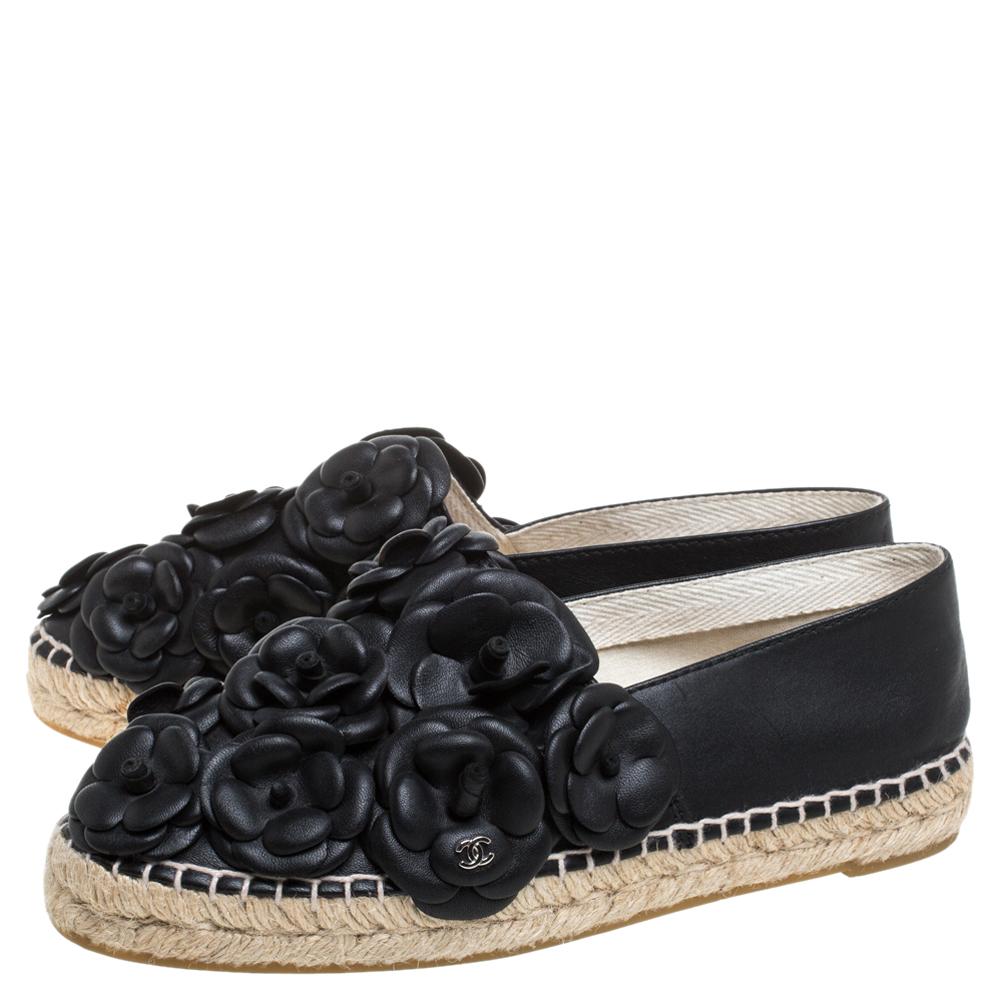 Chanel Black Leather CC Camellia Espadrilles Size 37 1