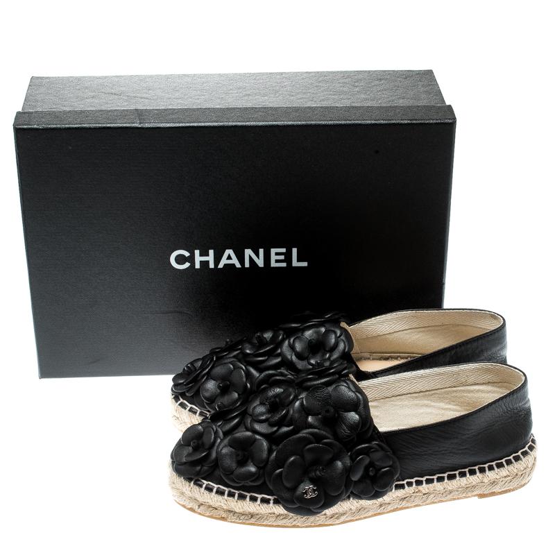 Chanel Black Leather CC Camellia Espadrilles Size 37 3