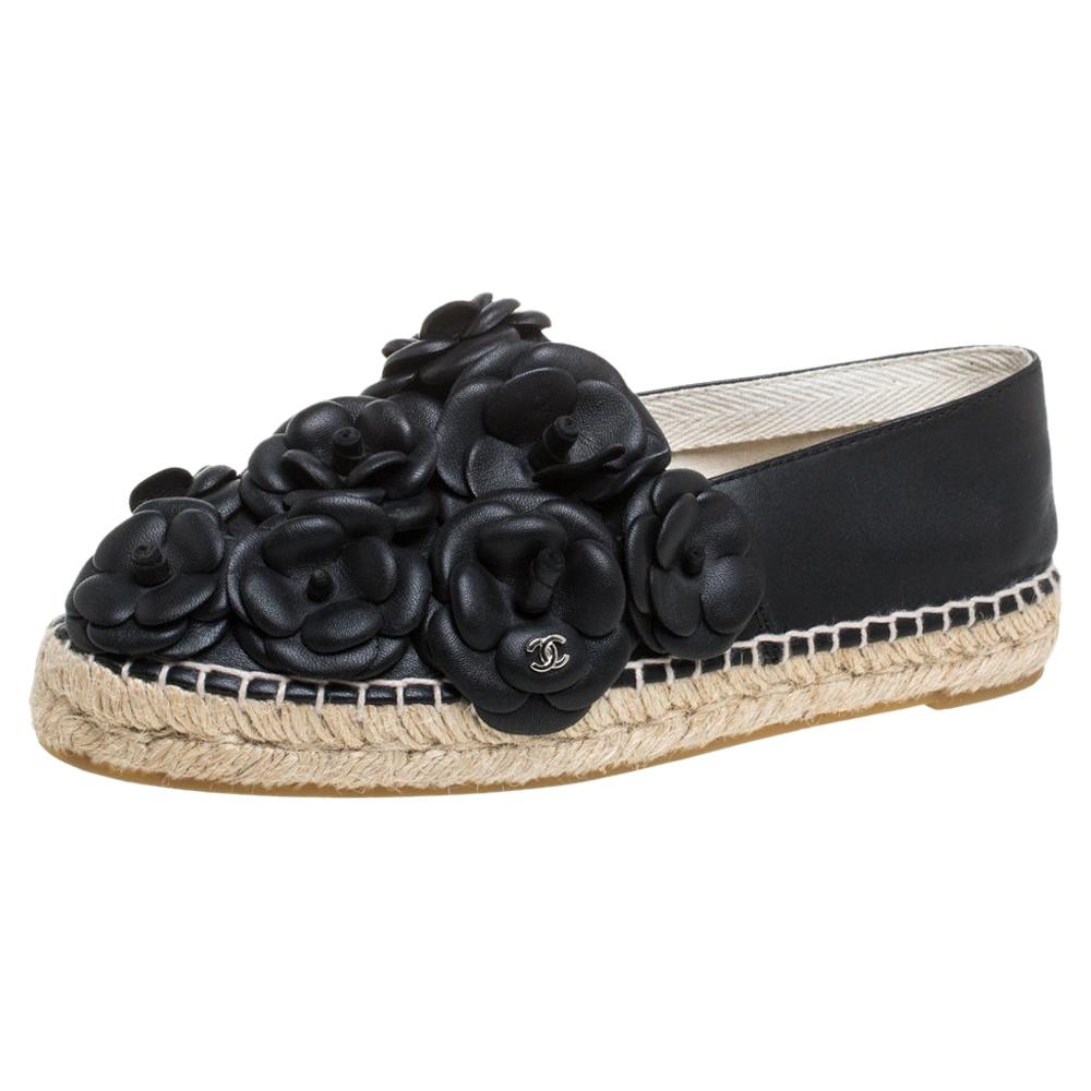 Chanel Black Leather CC Camellia Espadrilles Size 37