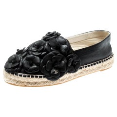 Chanel Black Leather CC Camellia Espadrilles Size 37