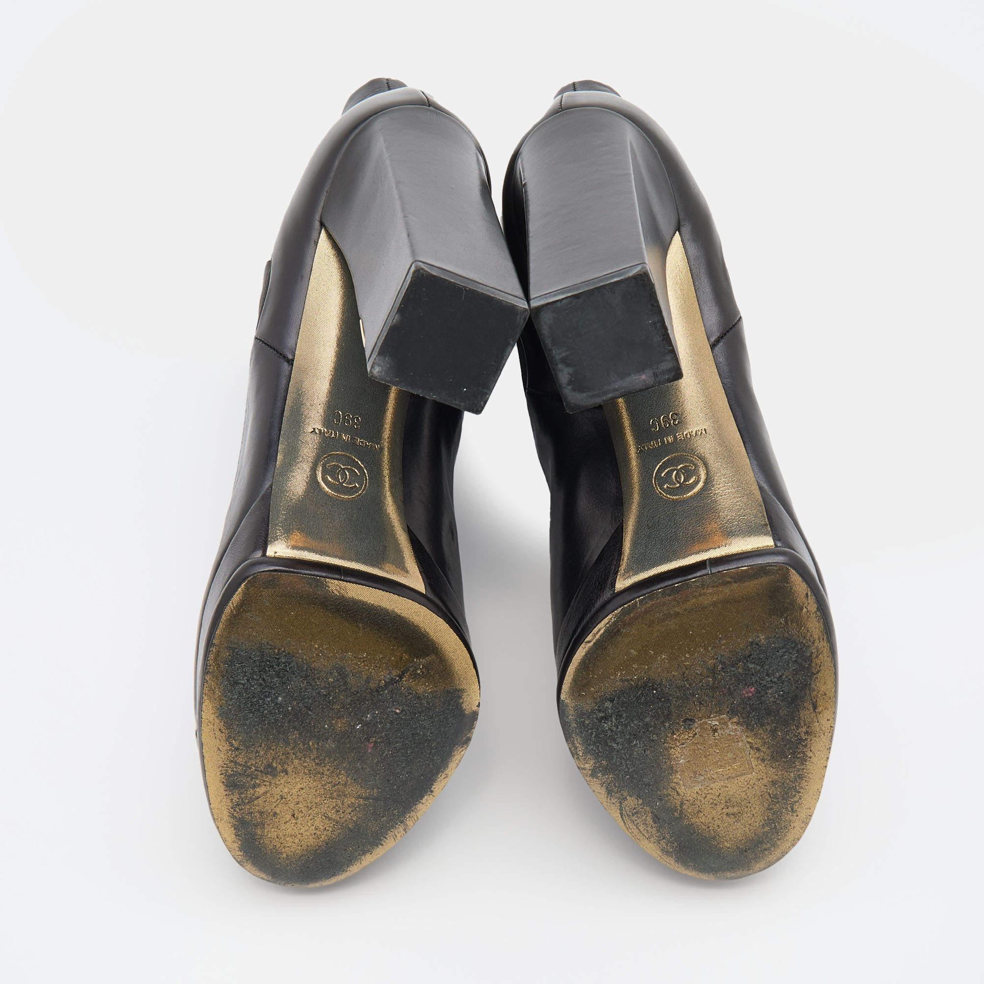 Chanel Black Leather CC Cap Toe Block Heel Platform Chelsea Boots Size 39 3