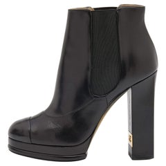 Chanel Black Leather CC Cap Toe Block Heel Platform Chelsea Boots Size 39