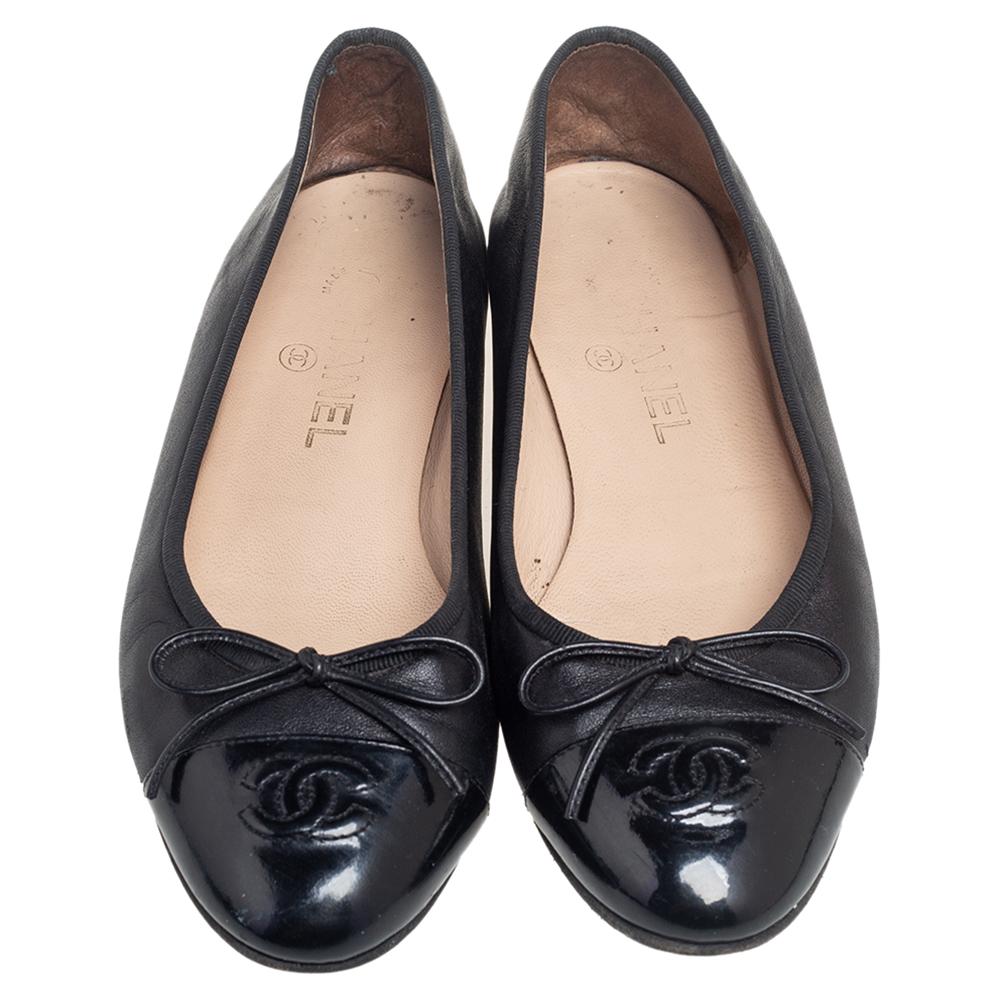 Chanel Black Leather CC Cap Toe Bow Ballet Flats Size 38.5 1