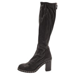 Chanel Black Leather CC Cap Toe Chain Detail Knee Boots Size 38.5