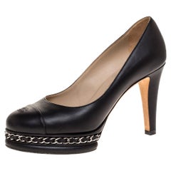 Chanel Black Leather CC Cap Toe Chain Detail Platform Pumps Size 36.5 Chanel Black Leather CC Cap Toe Chain Detail Platform Pumps Size 36.5
