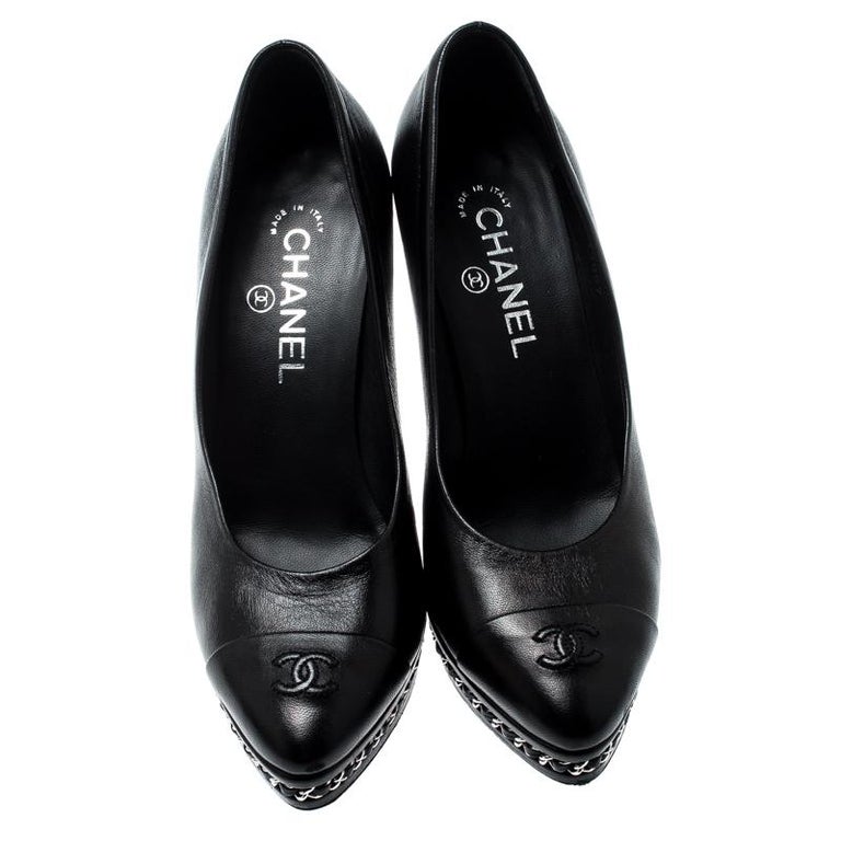 Chanel Black Leather CC Cap Toe Chain Detail Platform Pumps Size 38.5 ...