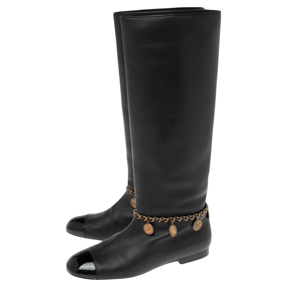 Women's Chanel Black Leather CC Cap Toe Chain Embellished Knee Length Boots Size 40