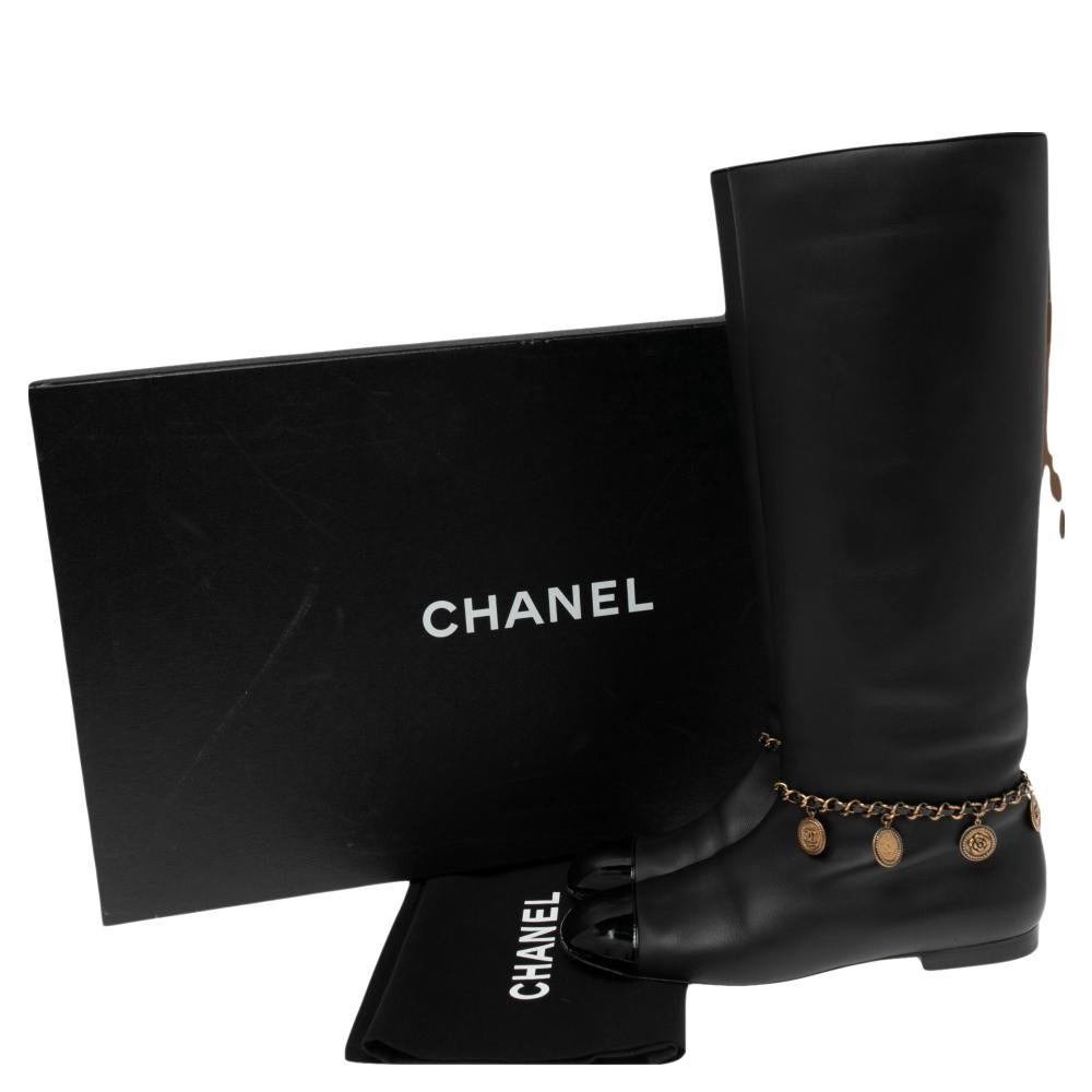 Chanel Black Leather CC Cap Toe Chain Embellished Knee Length Boots Size 40 1