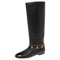 Chanel Black Leather CC Cap Toe Chain Embellished Knee Length Boots Size 40