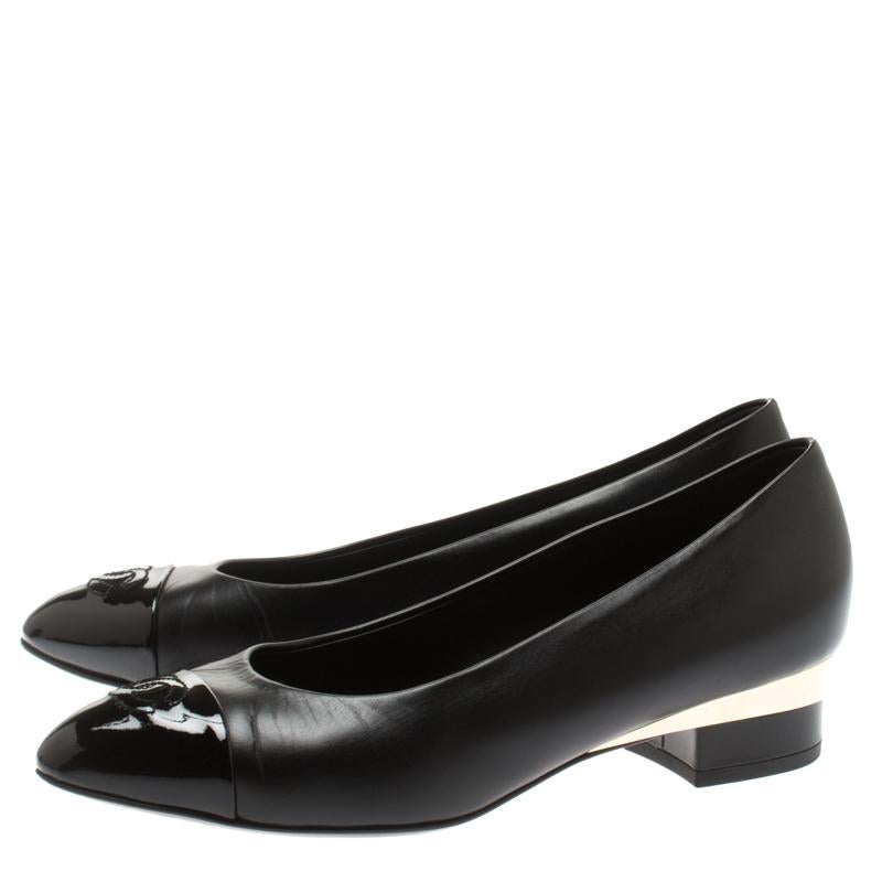 Women's Chanel Black Leather CC Cap Toe Court Shoe Pumps Size 37