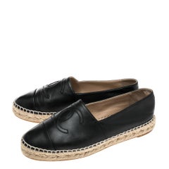 Chanel Black Leather CC Cap Toe Espadrille Flats Size 37