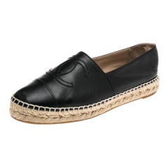 Chanel Black Leather CC Cap Toe Espadrille Flats Size 37