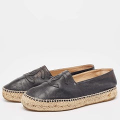 Chanel Black Leather CC Cap Toe Espadrille Flats Size 39